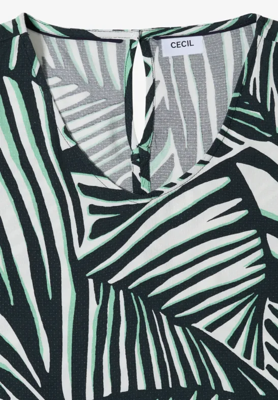 Ärmelloses Top mit schwarz-weißem Zebramuster und grünen Palmenblättern