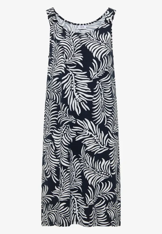Ärmelloses Maxikleid mit weißem Blattmuster auf dunkelblauem oder schwarzem Grund.
