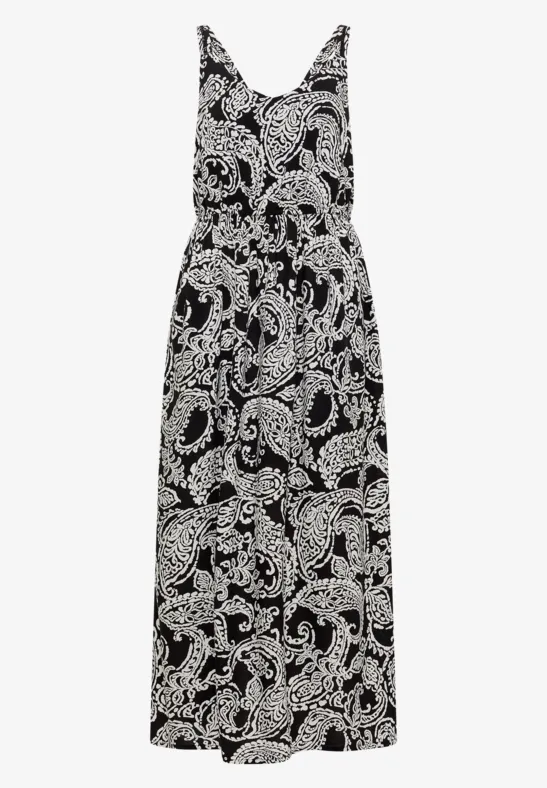 Robe longue noire sans manches à motifs cachemire blancs et encolure en V