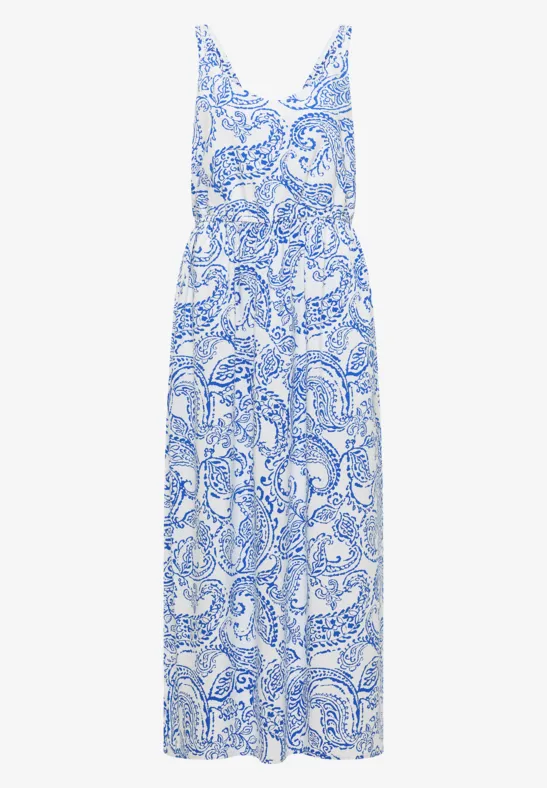 Robe longue d'été sans manches, blanche à motifs paisley bleus, taille marquée et coupe fluide