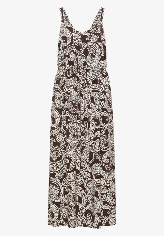 Robe longue sans manches avec col en V et motif paisley blanc et marron.