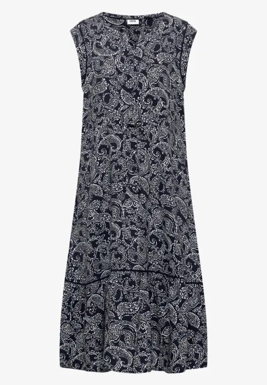 Ärmelloses, bodenlanges Kleid in Dunkelblau mit weißem Paisley-Print.
