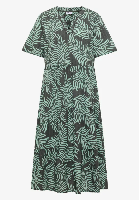 Schwarzes Midikleid mit grünem Blattmuster, V-Ausschnitt, Knopfleiste und kurzen Ärmeln.