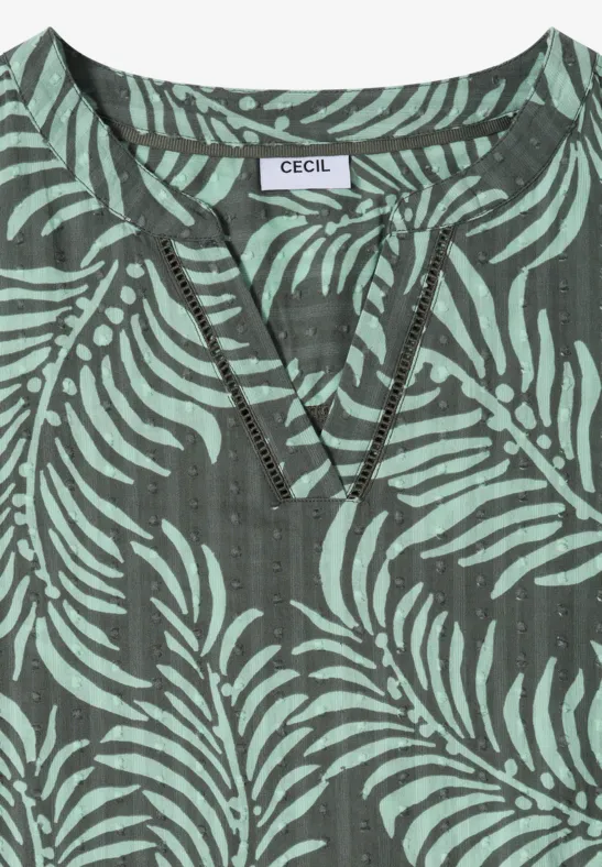 Grünes Shirt mit Blattmuster und V-Ausschnitt