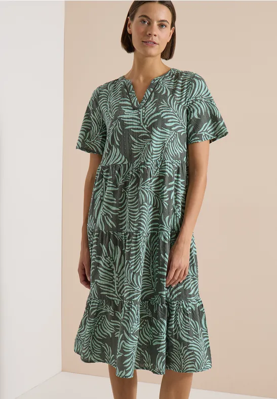Damenkleid grün mit kurzen Ärmeln und Blätterprint, locker geschnitten, Midi-Länge