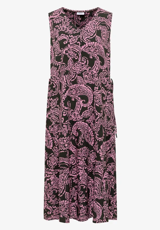 Mouwloze zwarte midi-jurk met roze paisley-print.