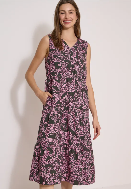 Mouwloze midi-jurk met V-hals en zwart-roze paisleyprint, losse pasvorm met zakken in de zijnaad.