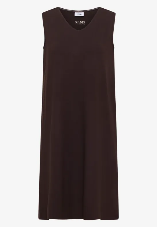 Schlichtes, ärmelloses, knielanges Kleid in Braun mit A-Linien-Schnitt.
