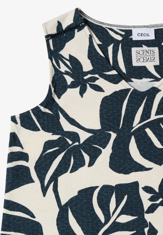 Weißes ärmelloses Top mit dunkelblauem Blattmuster und Label 'CECIL Scents of India'.