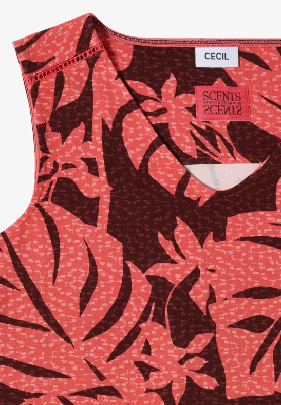 Ärmelloses Damen-Shirt in Korallrot mit dunklem, abstraktem Blattmuster und CECIL-Label am Ausschnitt.