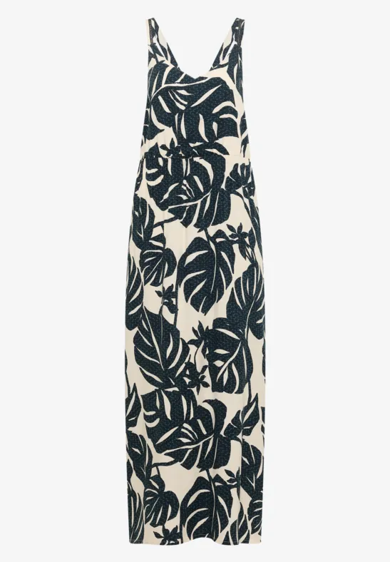 Ärmelloses Maxikleid mit dünnen Trägern und großem dunkelgrünem Monstera-Blättermuster auf cremegrund.