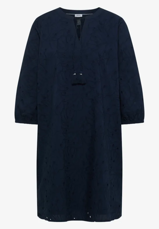 Dunkelblaues knielanges Spitzenkleid mit 3/4-Ärmeln und V-Ausschnitt.