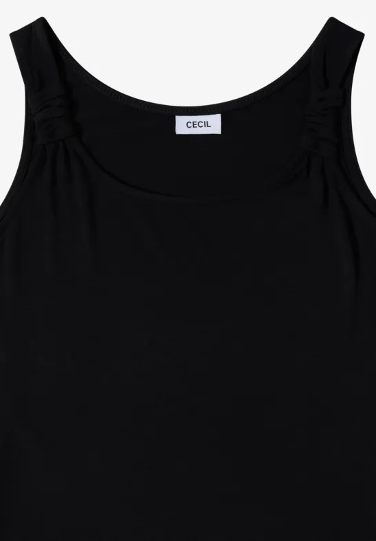 Eine schlichte schwarze ärmellose Bluse mit rundem Ausschnitt und leicht gerafften Trägerdetails.