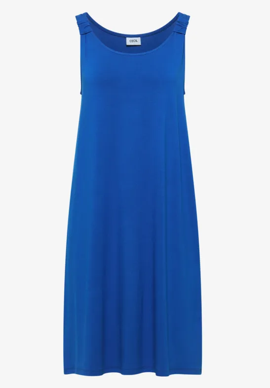 Mouwloze, losse midijurk in helder blauw met ronde hals en vloeiende pasvorm.