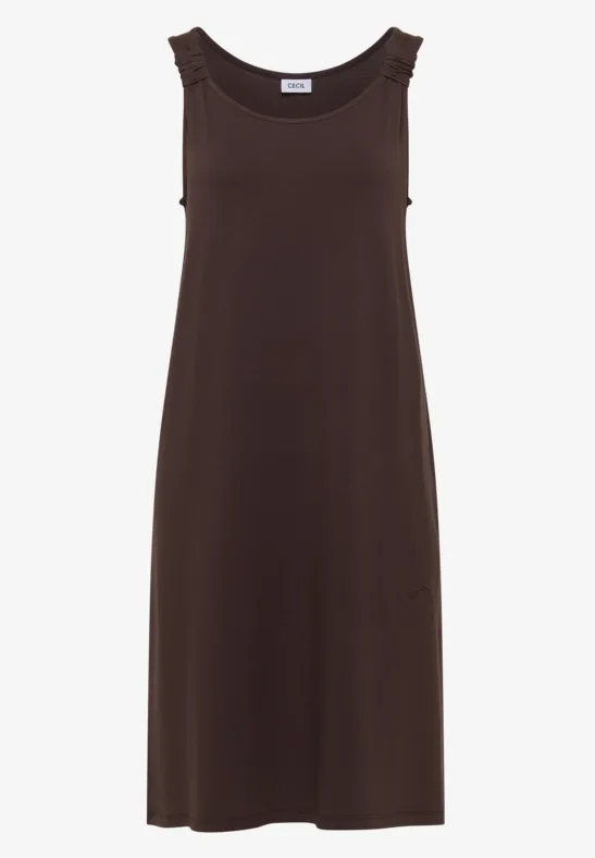 Schlichtes braunes ärmelloses Midikleid mit rundem Ausschnitt, locker fallend.