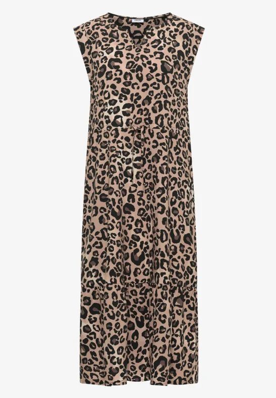 Ärmelloses Midi-Kleid mit klassischem Leopardenmuster in Beige und Schwarz.