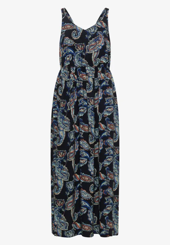 Langes ärmelloses Maxikleid mit dunkelblauem Paisley-Muster.
