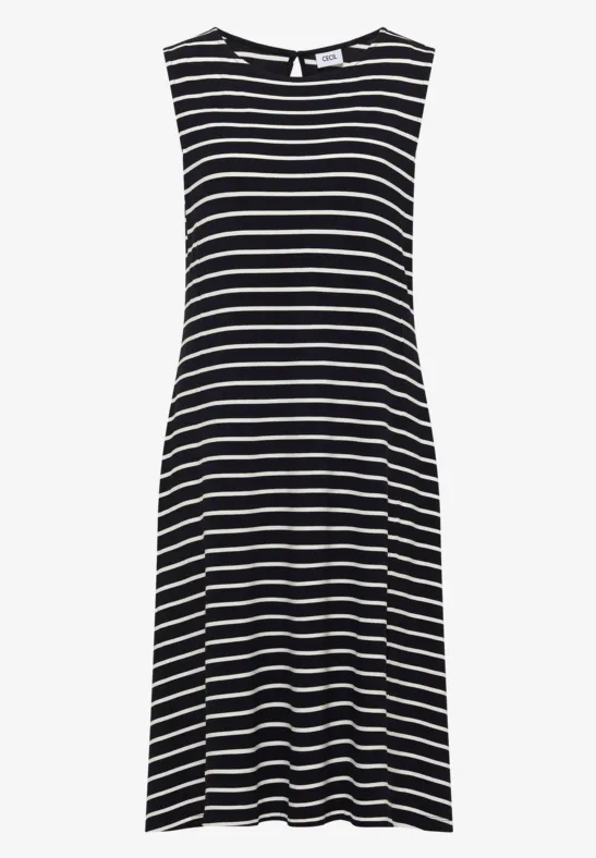 Robe sans manches mi-longue à rayures horizontales noires et blanches, coupe évasée