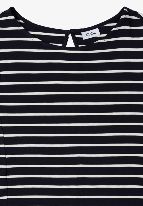 T-shirt rayé noir et blanc pour femme avec encolure ronde et étiquette CECIL dans le dos