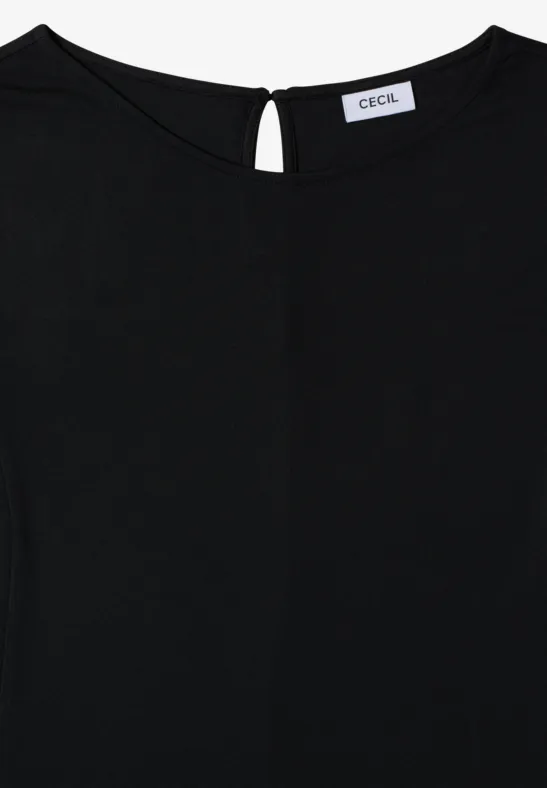 Czarny damski T-shirt z okrągłym dekoltem i małym otworem na guzik z tyłu.