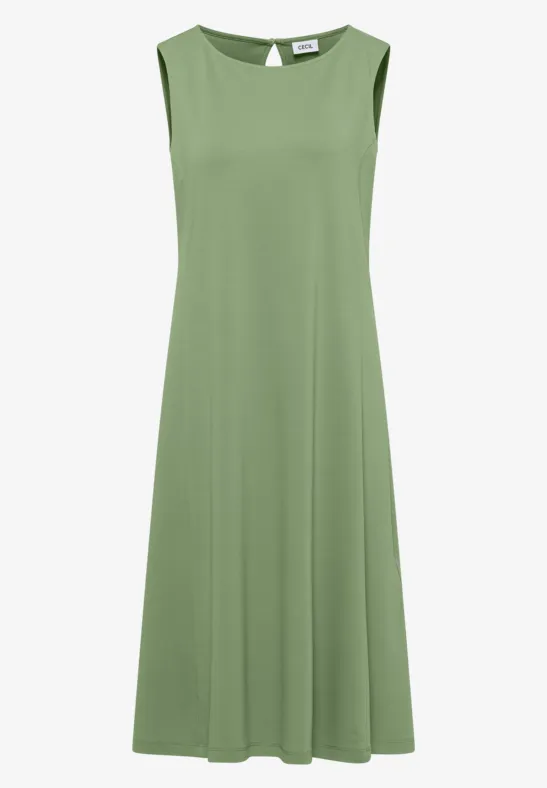 Ärmelloses, locker geschnittenes Midikleid in hellem Olivgrün mit Rundhalsausschnitt.
