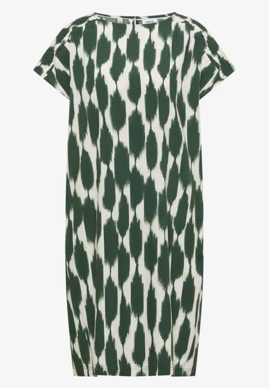 Locker geschnittenes, knielanges Kleid mit grün-weißem ikat-inspiriertem Muster und kurzen Ärmeln