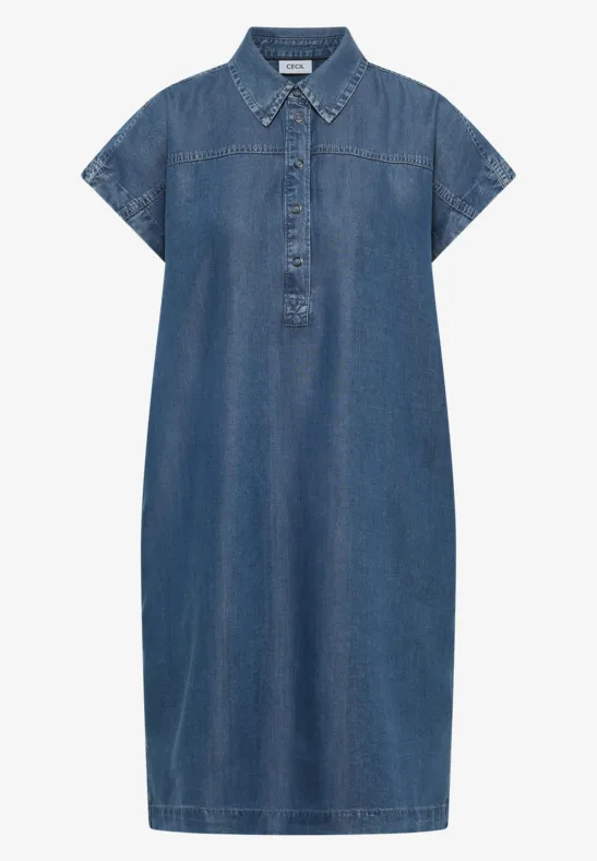 Blaues Jeanskleid mit kurzem Ärmel, Hemdkragen und Knopfleiste