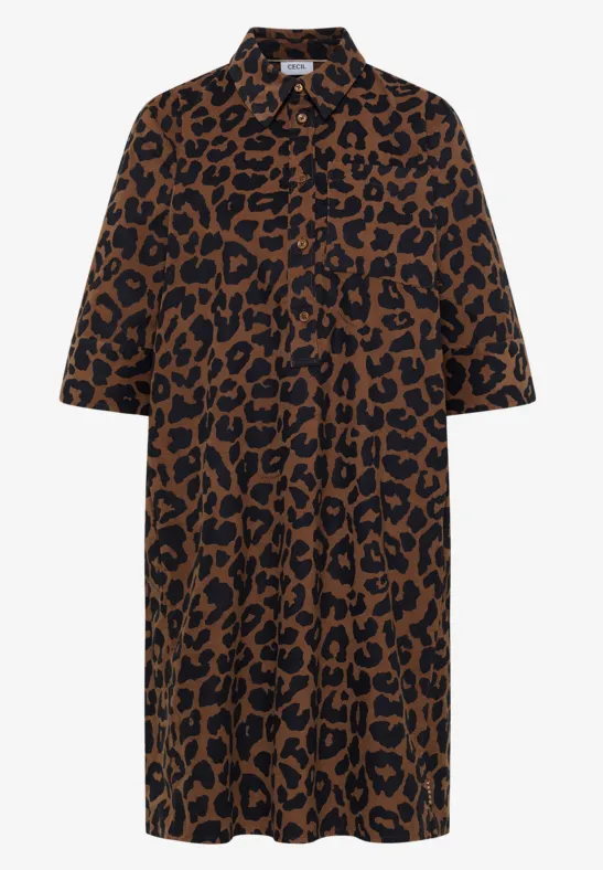 Braunes Hemdblusenkleid mit schwarzem Leopardenmuster, halblang
