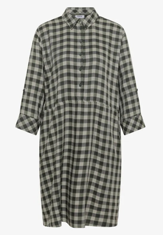 Robe chemise mi-longue à carreaux vert-gris, col classique et manches longues.