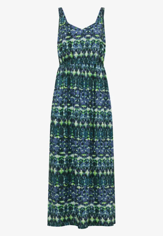 Robe longue sans manches bleu-vert à imprimé ethnique, taille élastiquée.