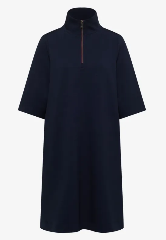Dunkelblaues, locker geschnittenes Kleid mit Stehkragen und halblangem Reißverschluss