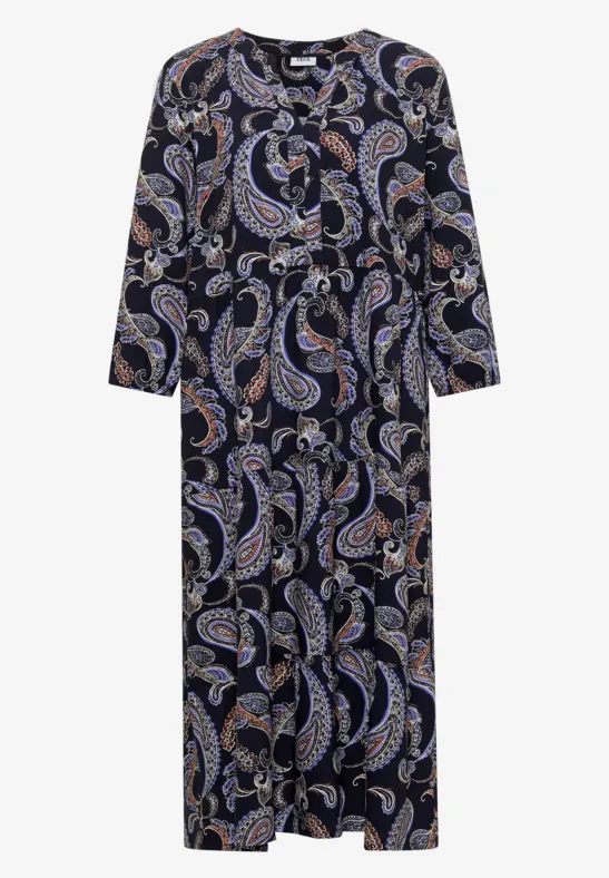 Dunkelblaues, langes Kleid mit 3/4-Ärmeln und buntem Paisley-Muster.