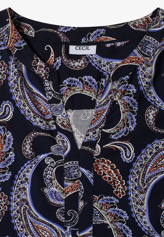 Dunkelbluse mit Paisley-Muster in Blau, Weiß und Braun, V-Ausschnitt und Knopfdetails