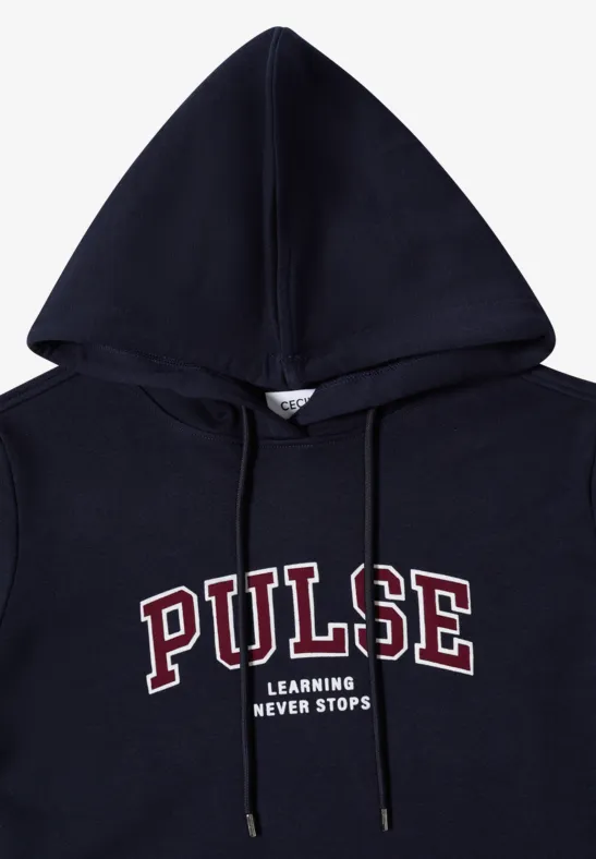 Schwarzer Kapuzenpullover mit PULSE-Print und Slogan Learning Never Stops.