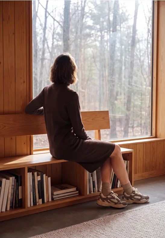 Eine Person sitzt auf einer Holzbank vor einem großen Fenster und blickt auf einen nebligen Wald.