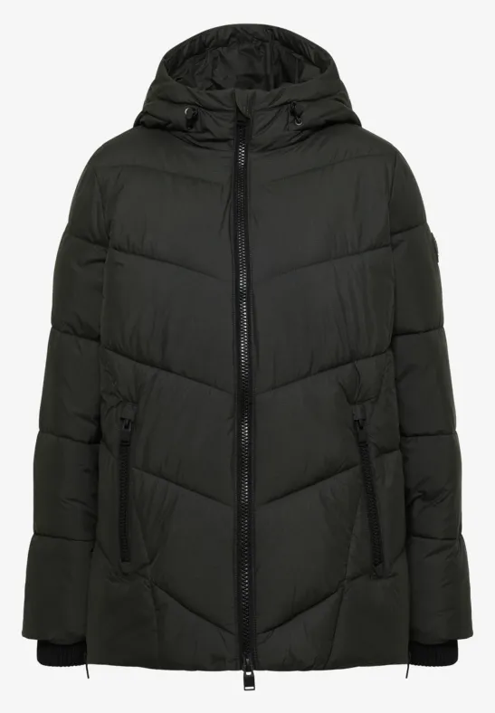 Dunkle, gesteppte Winterjacke mit Kapuze und Reißverschluss.