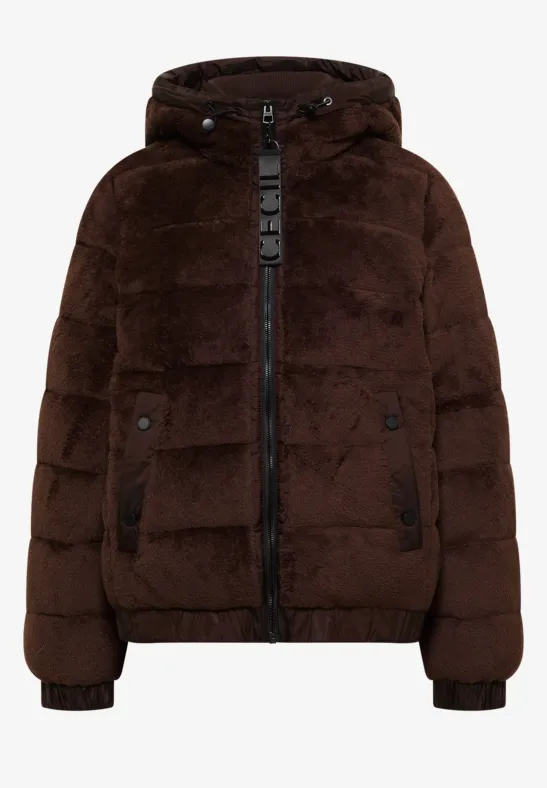 Kurze Plüsch-Steppjacke in dunklem Braun mit Kapuze und Reißverschlusstaschen