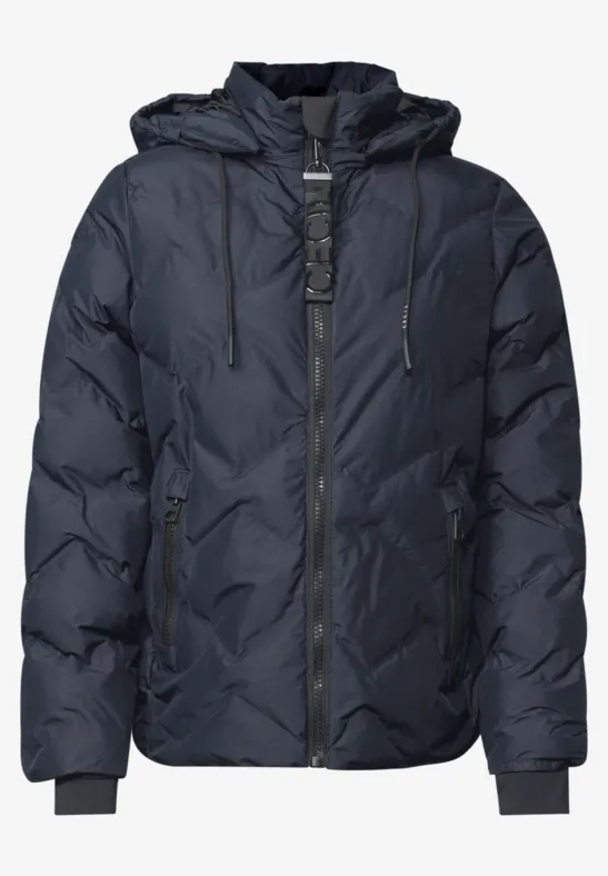 Dunkelblaue Steppjacke mit Kapuze und durchgehendem Reißverschluss.
