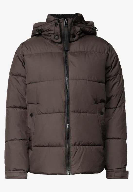 Dunkelbraune gesteppte Daunenjacke mit Kapuze, Reißverschluss und Seitentaschen.