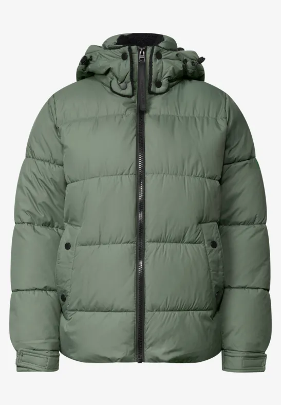Grüne, wattierte Winterjacke mit Kapuze, Reißverschluss und seitlichen Taschen.