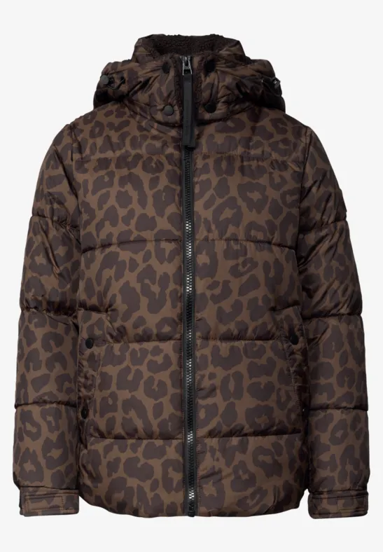 Braune Steppjacke mit Kapuze und Leopardenmuster