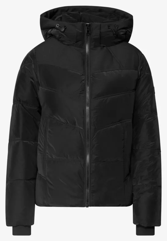 Schwarze, gesteppte Kapuzenjacke aus Daunen mit durchgehendem Reißverschluss.