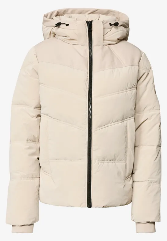 Leichte beige Steppjacke mit Kapuze, durchgehender Reißverschluss und gerippten Ärmelbündchen.