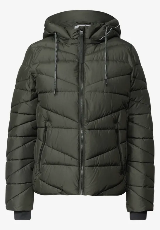 Dunkelgrüne, gesteppt Winterjacke mit Kapuze und Reißverschluss, seitlichen Taschen und schmalen Bündchen