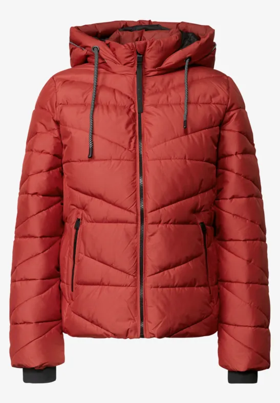 Rote gesteppte Winterjacke mit Kapuze, Reißverschlüssen und Kordelzug