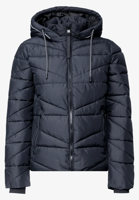 Dunkelblaue gesteppte Daunenjacke mit Kapuze, Reißverschluss und Kordelzug, seitliche Taschen