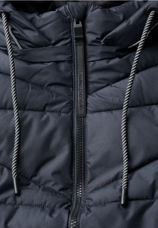 Schwarze gesteppte Kapuzenjacke aus Nylon mit Reißverschluss und kontrastierenden Kordelzügen