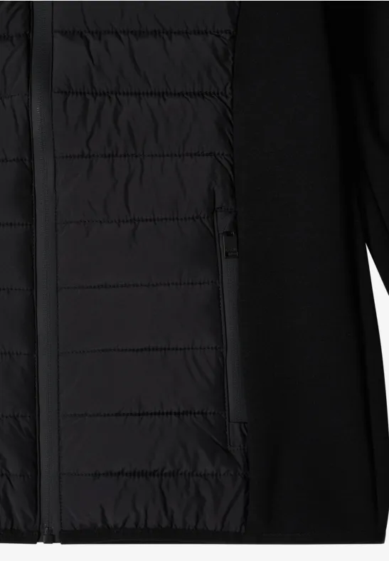 Veste noire à devant matelassé et poches zippées, style sportif moderne.