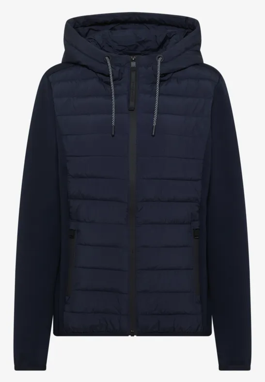 Dunkelblaue Kapuzenjacke mit gesteppter Front, Reißverschluss und langen Ärmeln.