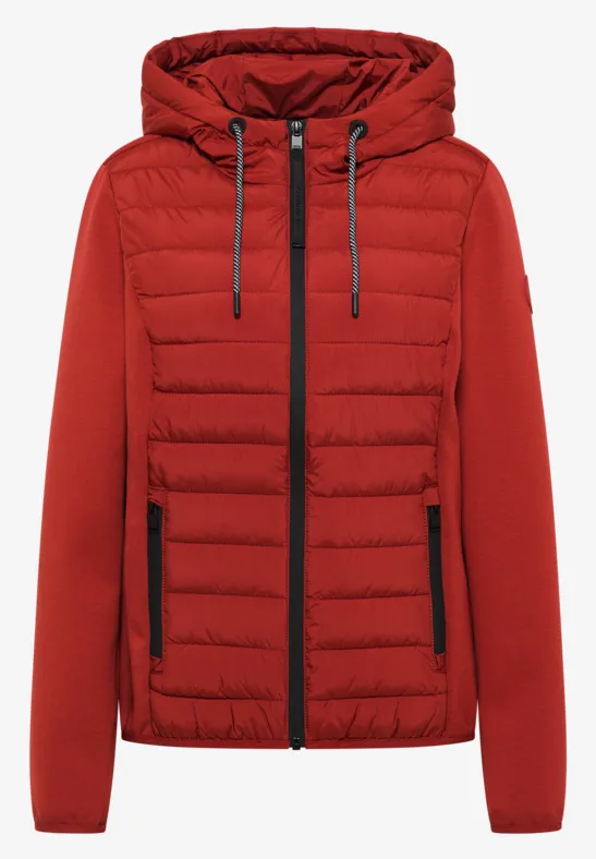 Rote gesteppte Jacke mit Kapuze und Reißverschlusstaschen